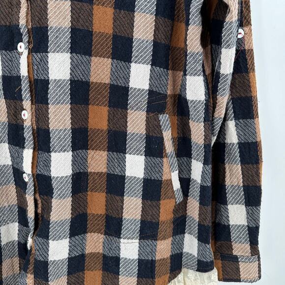 Hayden Brown Plaid Flannel Long Sleeve Lace Trim Button-Up Shirt Size Small - Picture 9 of 12